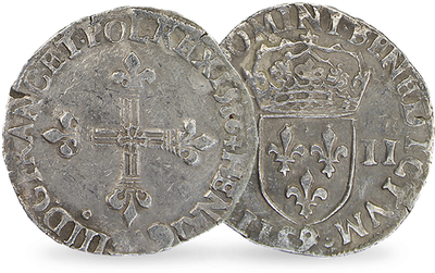 Quart d’écu Henri III en argent, authentique monnaie émise entre 1577 et 1589 